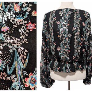 Martine Andre Vintage Womens Size M? Black Floral Metallic Ruffle Balloon Top